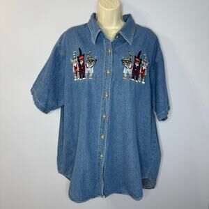 Vtg 90s Abstract Cat Denim Button Up Shirt Animal Abstract  Grunge Women's 20